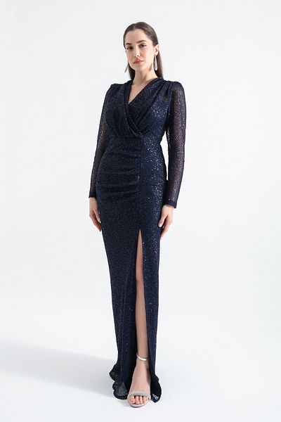 Lafaba Marineblaues langes Abendkleid mit V-Ausschnitt und Schlitz für Damen