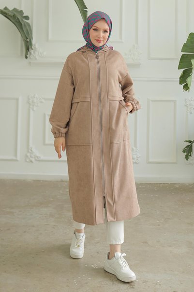 Armine TREND Hooded Long Zippered Cap with Elasticated Sleeves Mink 24Kt502