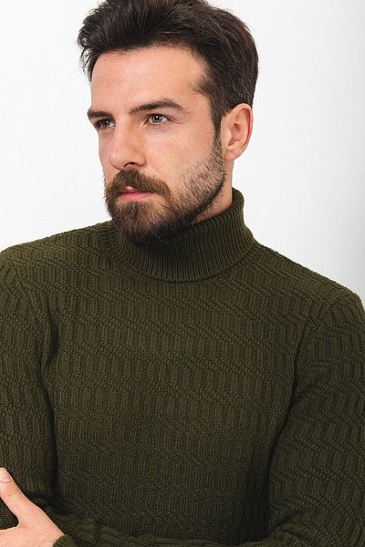 Mcr Knitted Patterned Slim Fit Full Turtleneck Wool Men's Sweater Khaki - 11399.22K