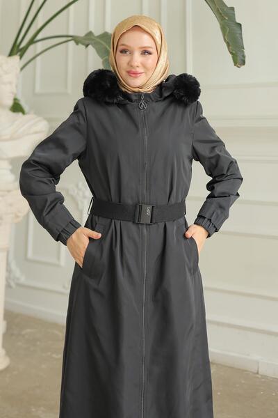 Armine TREND ARMİNE TREND Şapkası Kürklü Beli Kemerli Kap Siyah 23KT733