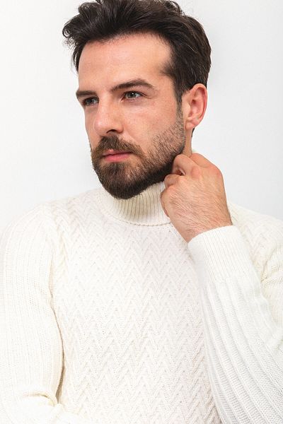 Mcr Patterned Slim Fit Full Turtleneck Wool Men's Sweater Ecru - 11398.22K