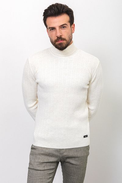 Mcr Striped Slim Fit Half Turtleneck Wool Men's Sweater Ecru - 11391.22K