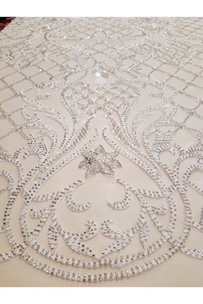 Safir Kumaş Gelinlik ve Nikah Kıyafeti için Beyaz ve Krom Renk İşlemeli Dante...