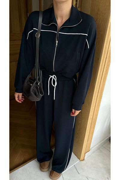 Askı Nişantaşı Marineblaues Sweatshirt-Hosenset mit Paspelierung und Reißverschluss