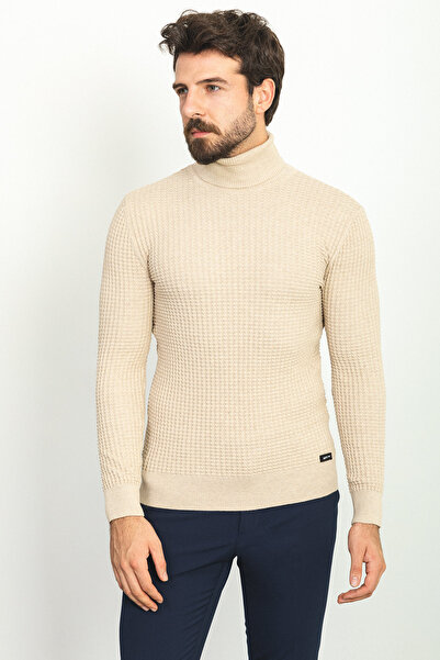 Mcr Textured Slim Fit Full Turtleneck Men's Sweater Light Beige - 11338.20K
