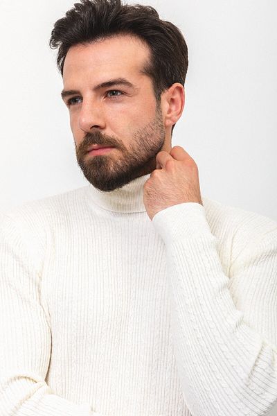 Mcr Striped Slim Fit Half Turtleneck Wool Men's Sweater Ecru - 11391.22K
