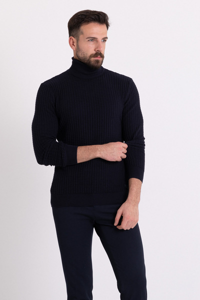 Mcr Textured Slim Fit Full Turtleneck Men's Sweater Navy Blue - 11338.20K