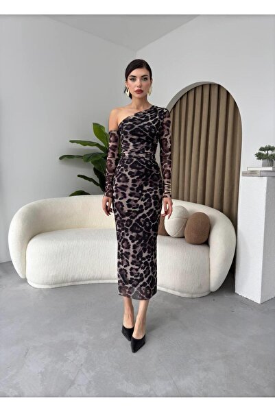 conconmoda Marya Leopar Streç Astarlı Elbise