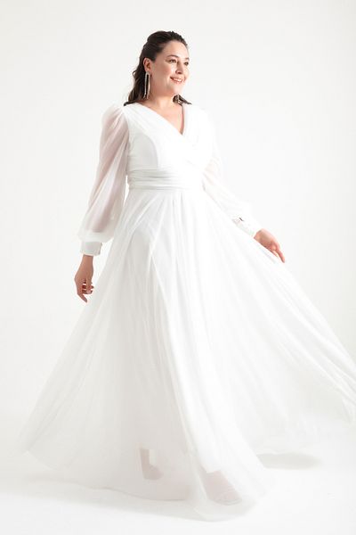 Lafaba Women's White V-Neck Glitter Long Plus Size Evening Dress