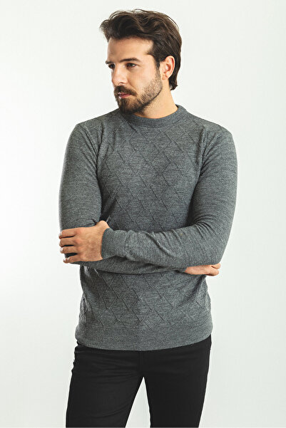 Mcr Ανδρικό πουλόβερ με λεπτή εφαρμογή με λαιμόκοψη από μαλλί ανθρακί - 11379.22K