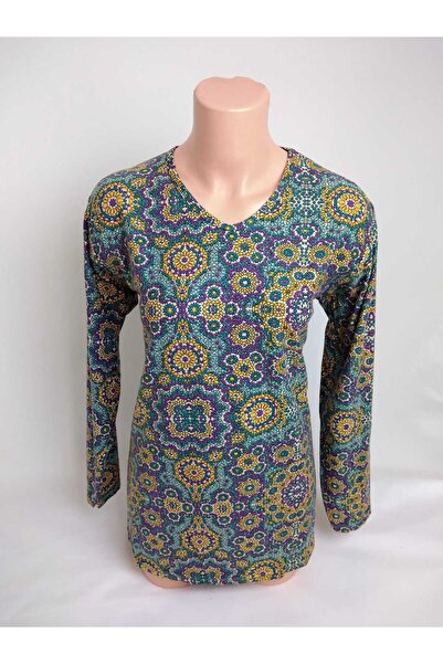 YAŞAR TRİKO Kadın Yeşil Desenli V Yaka Uzun Kollu Yanları Yırtmaçlı Mevsimlik...