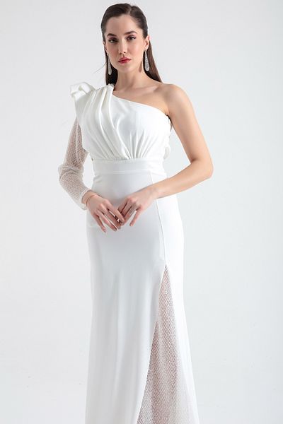 Lafaba Weißes, langes Abendkleid mit One-Shoulder-Träger und Spitzendetails für Damen