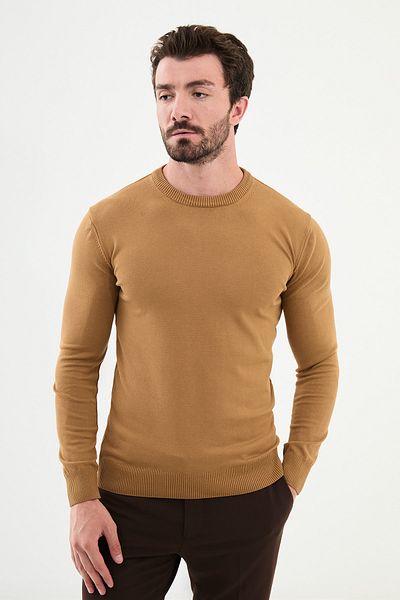 Mcr Plain Slim Fit Men's Crew Neck Sweater Camel - 11355.21K