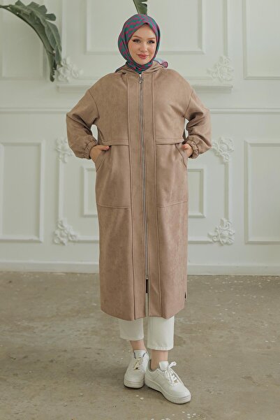 Armine TREND Kapüşonlu Kolları Lastikli Boydan Fermuarlı Kap Vizon 24KT502