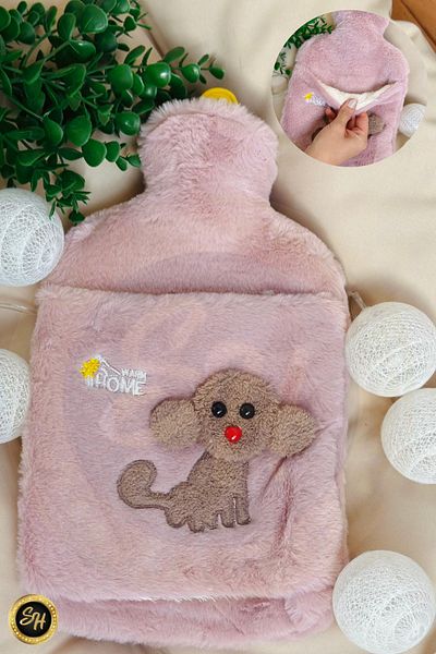 Snow Homs Pink - Hot Water Bag with Plush Case and Dog Emoji 2 Liters
