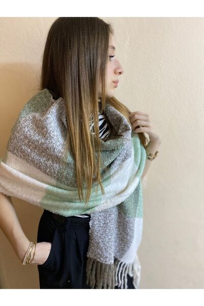 sema aksesuar Γυναικείο Φουλάρι Χειμερινό Ανοιχτό Πράσινο Κρεμ καρό σάλι - Δώρο