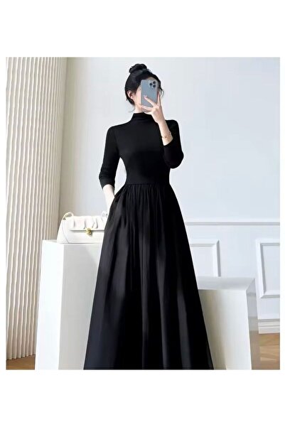 Styling Park Rahat Stil Cepli Yarım Boğazlı Uzun Kollu Uzun Elbise