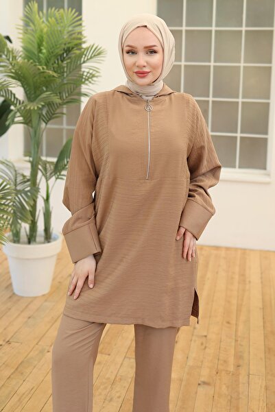 Armine Trend Hooded Half Zipper Double Suit Camel 24Yt673