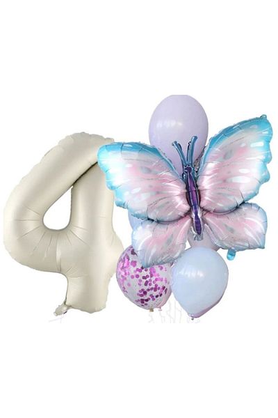 DÜVENCİ TİCARET Cream Figured Butterfly Foil Ballon Age Set