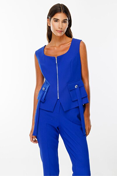 Moda İlgi Modailgi  U Yaka Fermuar Kapamalı Torba Cepli Yelek Saks