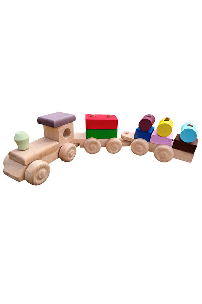 HAMAHA Eğitici Ahşap Oyuncak | Ahşap 3 Vagonlu Renkli Geometrik Şekiller Tren