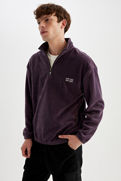 DeFacto Comfort Regular Fit Comfortable Fit Stand Collar Printed Fleece Sweatshirt