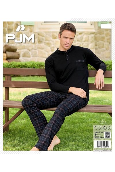 Pijaman Pijamoni Men's Long Sleeve Chest Pocket Cotton Pajama Suit Navy Blue