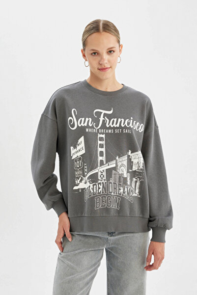 DeFacto Loose Fit Crew Neck Printed Thick Fabric Sweatshirt