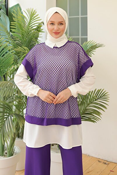 Armine Trend Buy Basic Shirt with Elastic Trousers and Mesh Three-Piece Set Purple 24Yt633