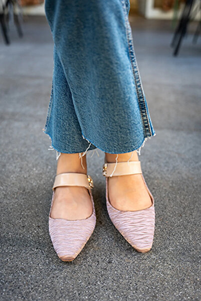 LAMİNTA Shuffle Skin Satin Velcro Women's Ballerinas with Butterfly Accessory Detail