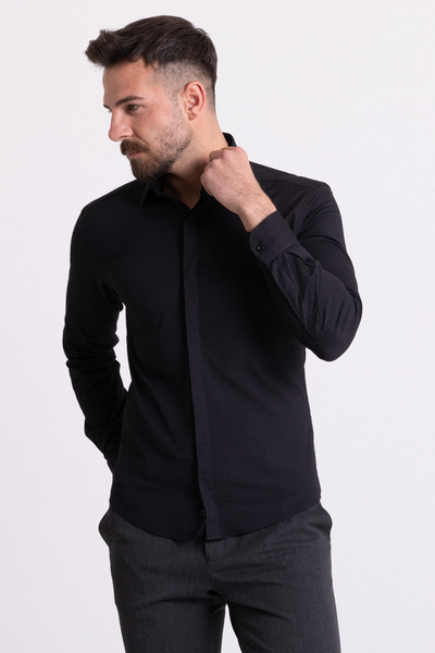 Mcr Κλασικό ανδρικό πουκάμισο με μοτίβο Slim Fit με κρυφά κουμπιά μαύρο - 37456.21K