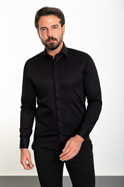 Mcr Ανδρικό πουκάμισο με ίσιο λεπτό γιακά από πολυκορδόνι, κλασικό μαύρο - 37445.21K