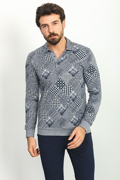 Mcr Patterned Slim Fit Polo Neck Long Sleeve Men's T-Shirt Navy Blue - 36767.22K