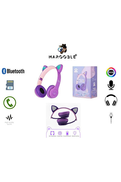 Marooble KEDİ KULAKLIK RGB ÇOCUK İCİN KABLOSUZ BLUETOOTH KULAKLIK KEDİ DESENL...