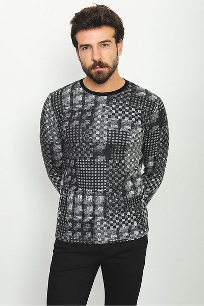 Mcr Patterned Slim Fit Crew Neck Long Sleeve Men's T-Shirt Black-Ecru - 36757.22K