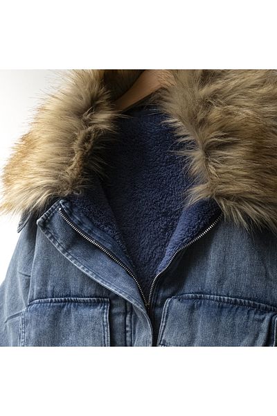 Overdo Girl's Fur Collar Plush Oversize Printed Denim Coat Jacket