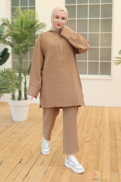 Armine Trend Hooded Half Zipper Double Suit Camel 24Yt673