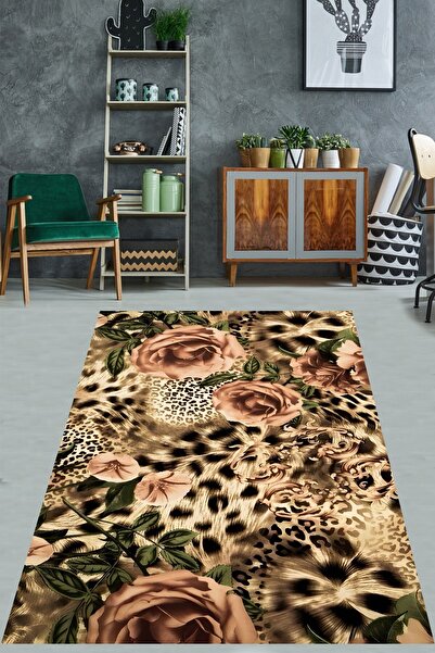 Latibule Leopar Zeminli Güllü Vintage Yıkanabilir Kaymaz Taban Leke Tutmaz Salon Halısı Yoluk