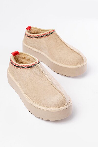 Aymood NDR-2888 Γυναικείες καθημερινές παντόφλες με μπεζ σουέντ με γούνα εσωτερικά και κλειστά δάχτυλα