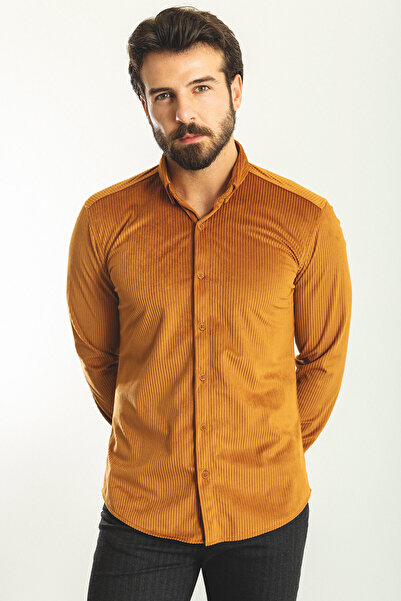 Mcr Ριγέ Slim Fit Ανδρικό Πουκάμισο Camel - 37689.22K