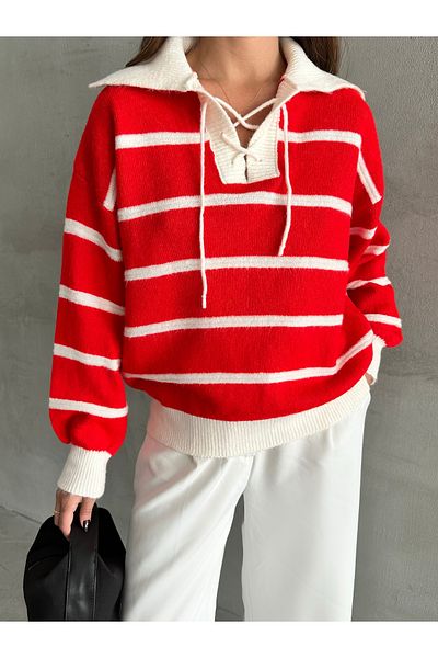 Laluvia Roter Mike-Strickpullover mit Polokragen, Ecru, gestreift, vorne mit Schnürung, 4469