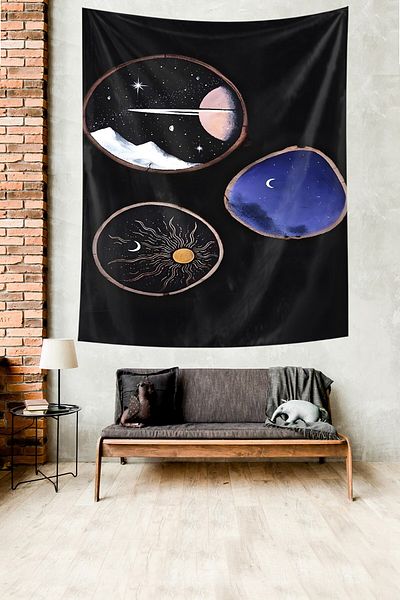 on the clouds Galaxy Moon Sun Night View Stain Resistant Fabric Wall Cover Wall Carpet Tapestry