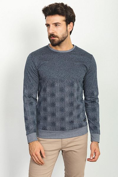Mcr Piece Patterned Slim Fit Crew Neck Long Sleeve Men's T-Shirt Navy Blue-Ecru - 36751.22K