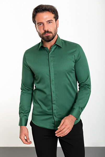 Mcr Cămașă clasică pentru bărbați, cu guler polycort, slim fit, verde smarald - 37445.21K