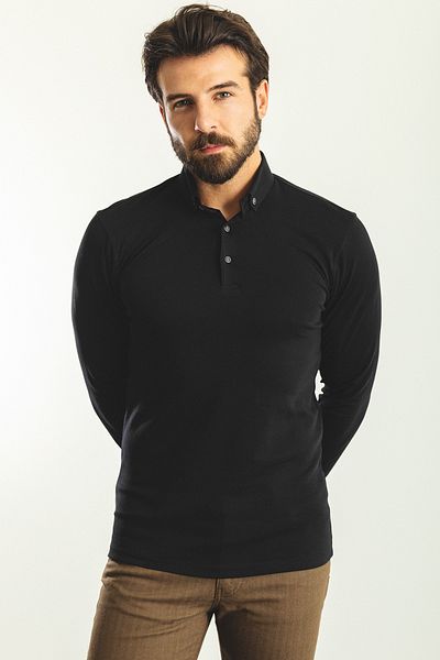 Mcr Solid Black Color Slim Fit Polo Neck Long Sleeve Men's T-Shirt