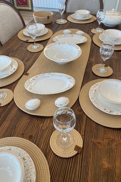 MISS JULİ Set de 14 bucăți de plăci din răchită American Service, Coaster, Bread, Runner Set