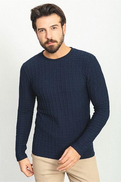 Mcr Textured Slim Fit Crew Neck Long Sleeve Men's T-Shirt Navy Blue - 36769.22K