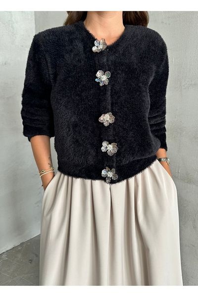 Laluvia Schwarzer, mit Flora-Blumen geknöpfter, weicher Cardigan-4349