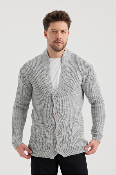 Tarz Cool Men's Gray Buttoned Slim Fit Pocket Knitwear Cardigan
