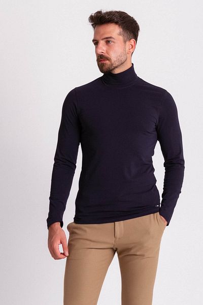 Mcr Drept Slim Fit cu mânecă lungă cu gât complet pentru bărbați din bumbac pieptănat bleumarin - 36678.21k